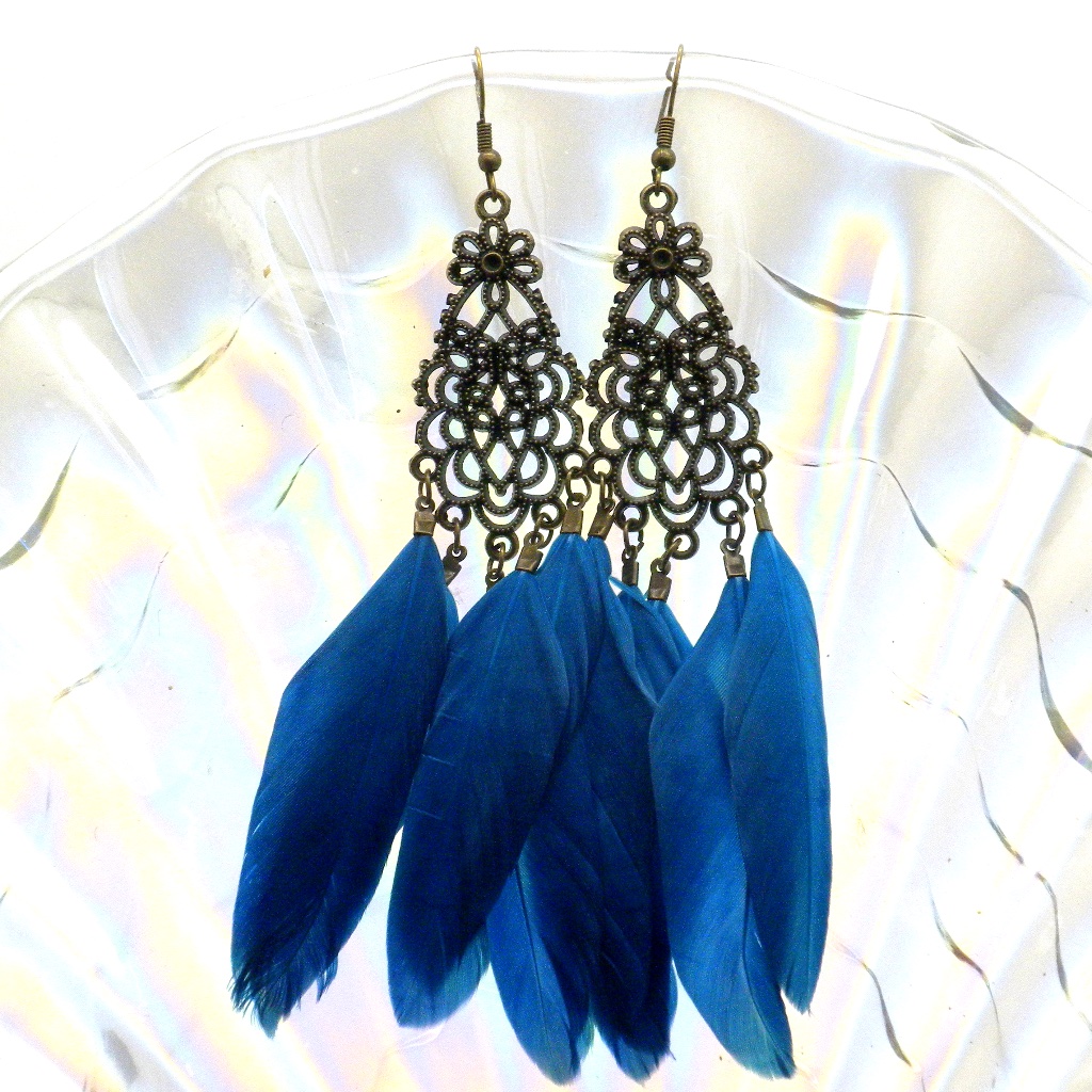 Blue Feather Antiqued Gold Earrings 13$